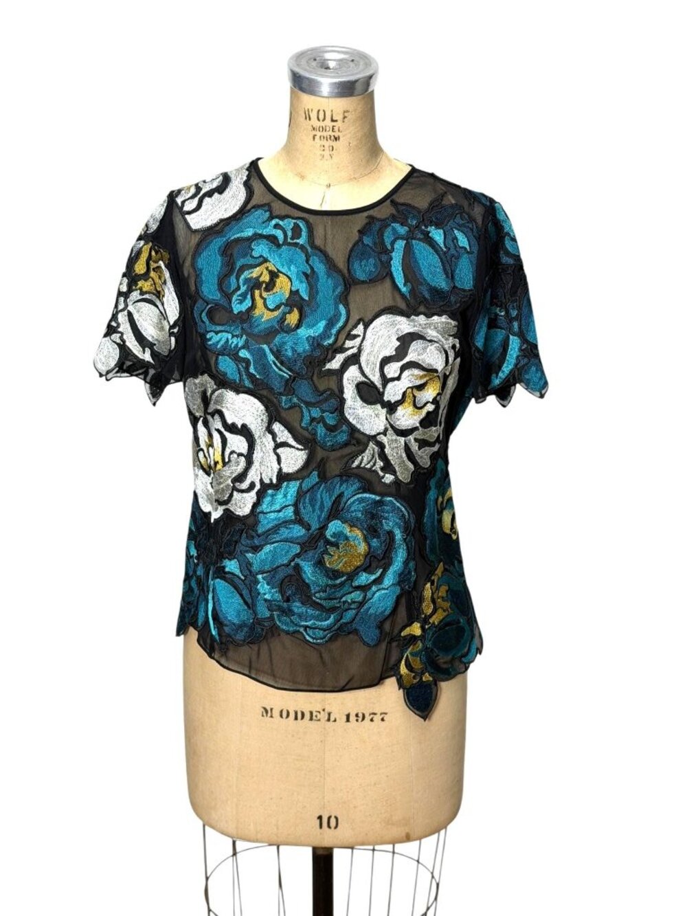 Carlisle vintage floral embroidered mesh blouse sheer top Size 8